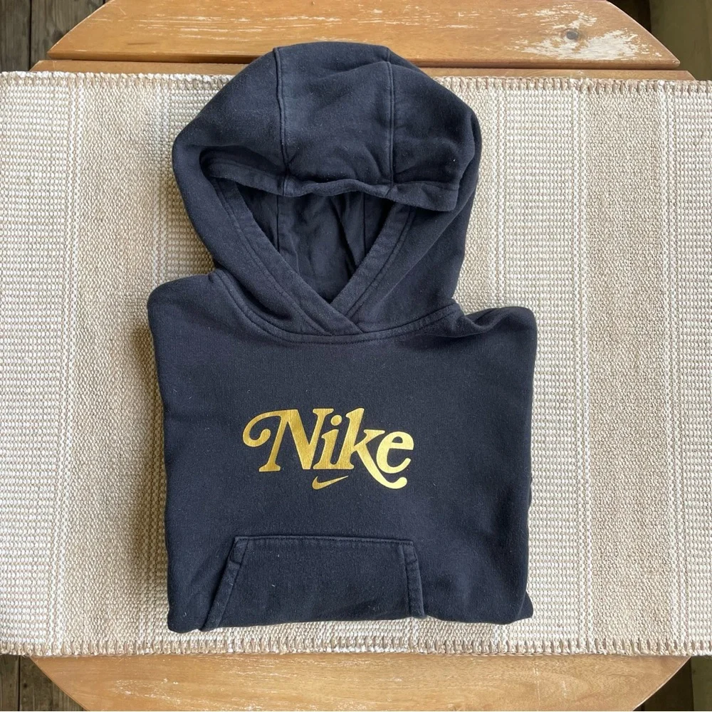 Nike Kid’s Girls Black & Gold Pullover Hoodie XS Sweatshirt Kangaroo Pocket